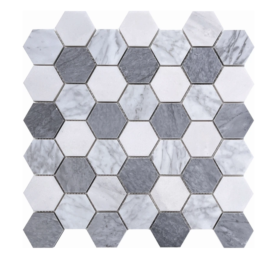Hexagon Carrara White Marble 2 with Bardiglio Mosaic