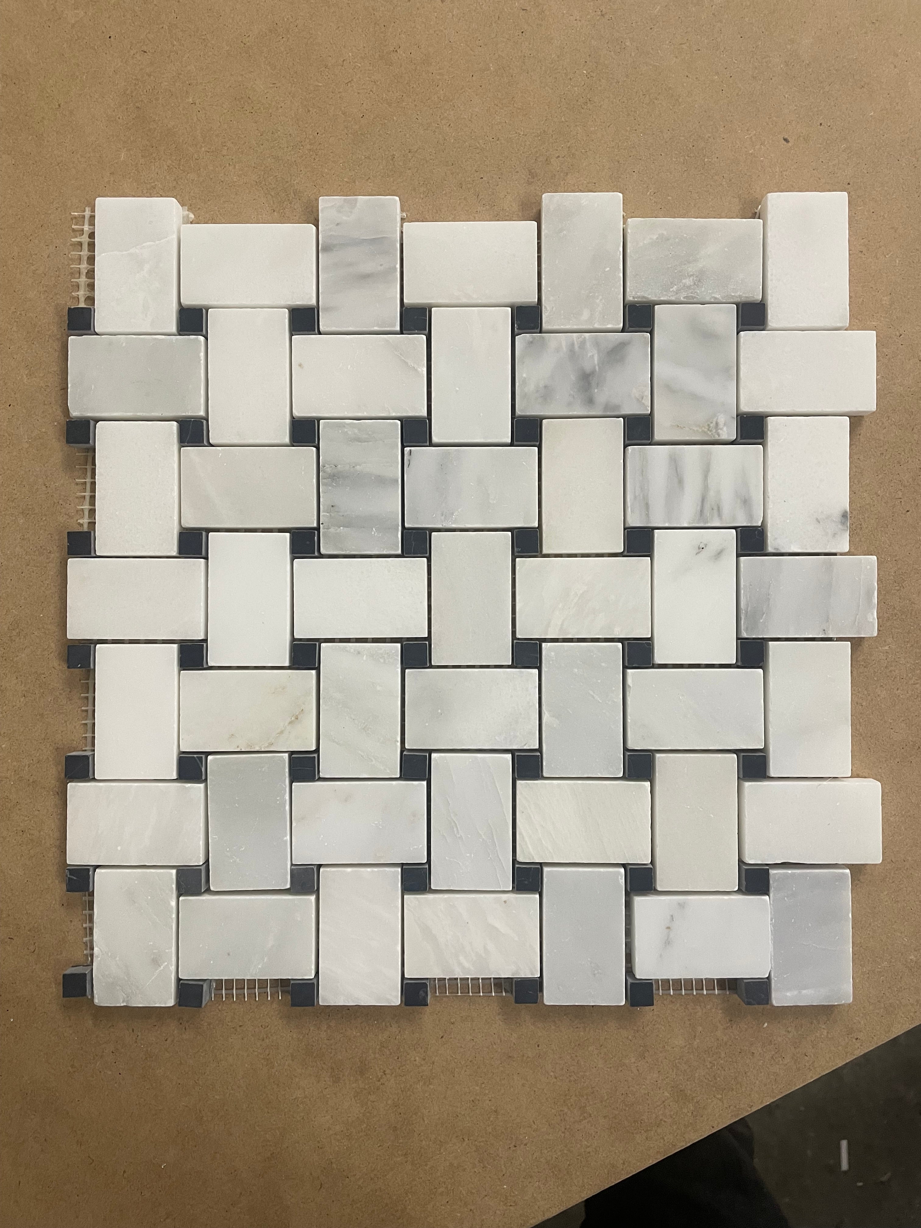 Statuary Calacatta Basket Weave with Black Dots